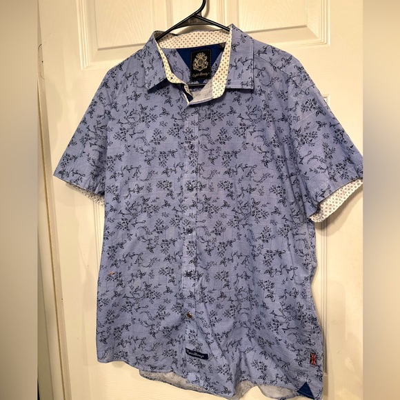 English Laundry XL Blue Patchwork Floral Button Up Shirt Short Sleeve Cotton + - Picture 1 of 7